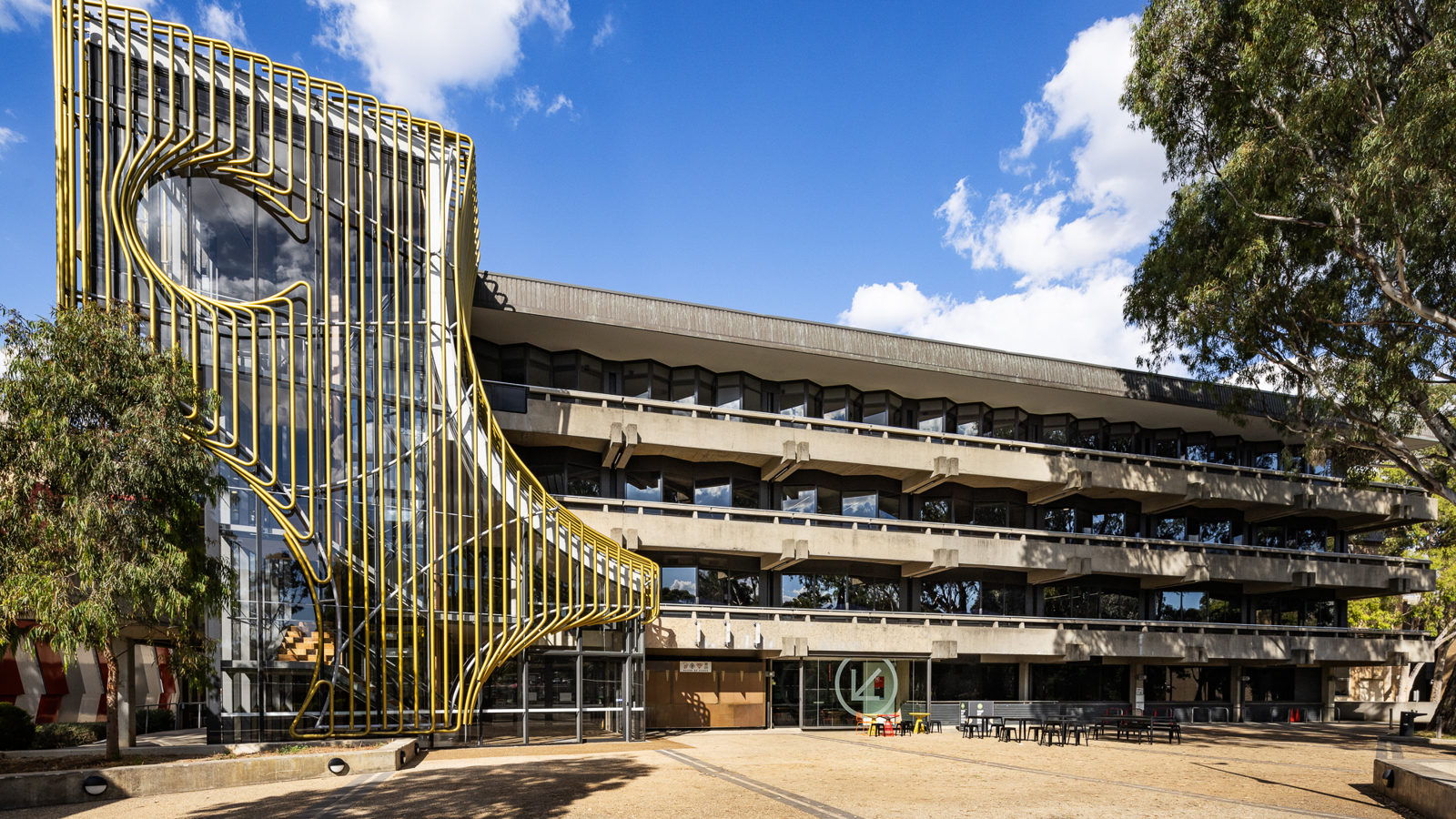 The Eagleworks building at La Trobe University Bundoora, with its sculptural yellow steel facade.